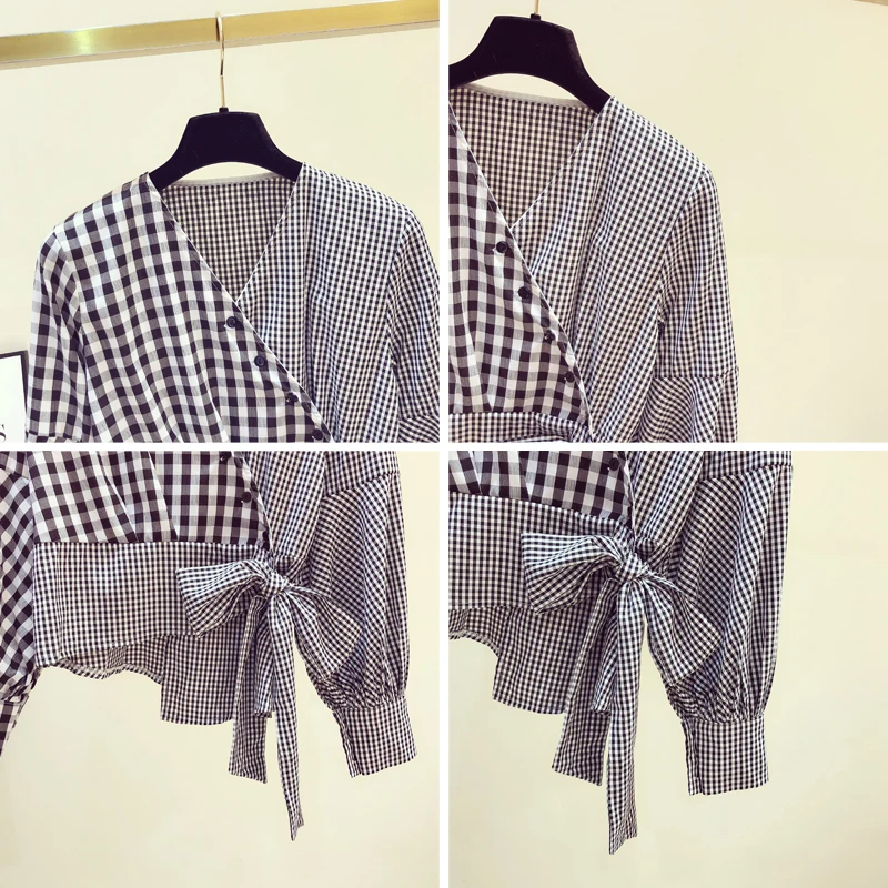 

2020 Autumn Women's Long Sleeves V Neck Bow Plaid Irregular Shirt Casual Blouse Tops Girls Ladies Shirts Blusas A3370