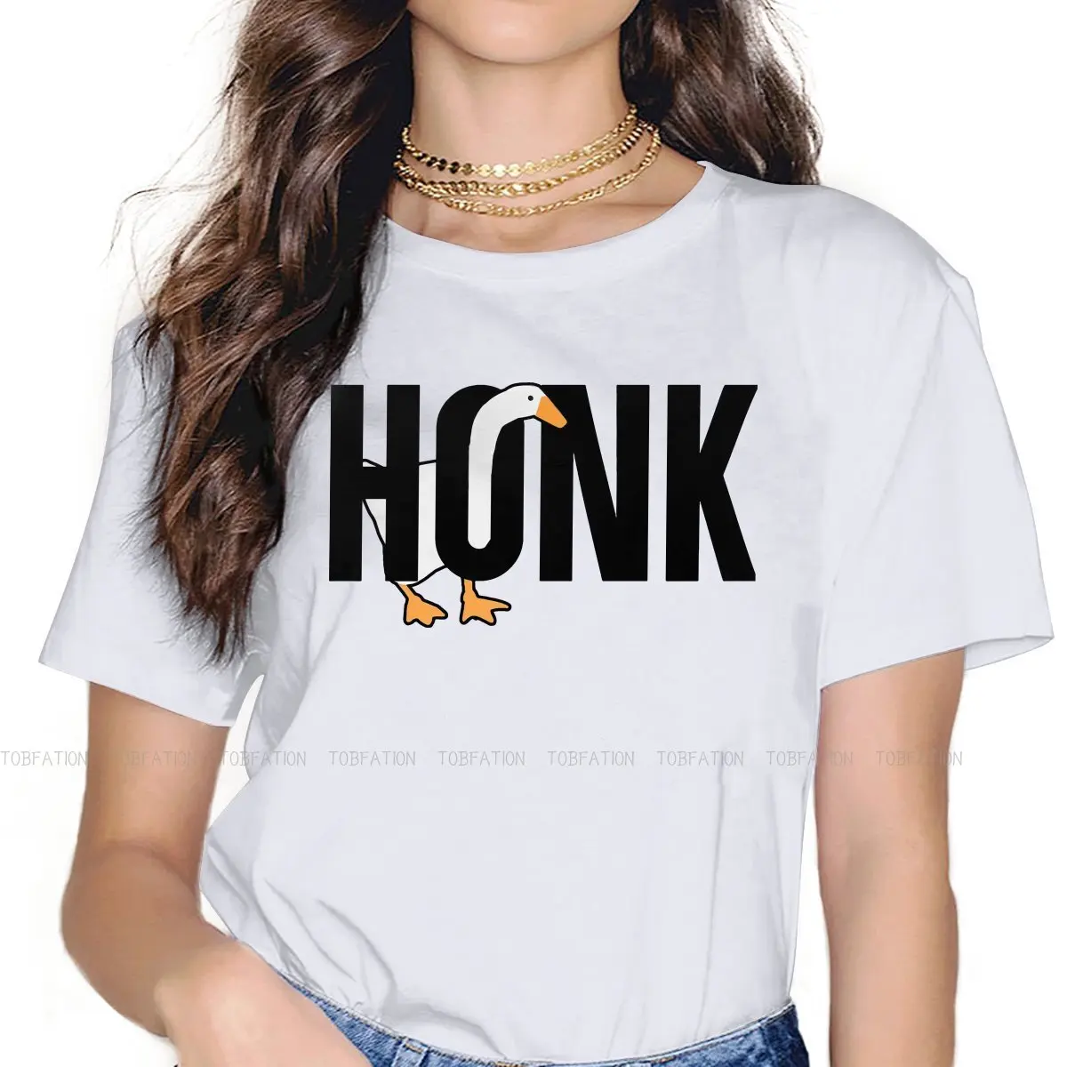

Классическая футболка Honk с круглым вырезом, забавная игровая футболка без названия гусиных игр, базовая футболка из ткани, Женская оригинал...