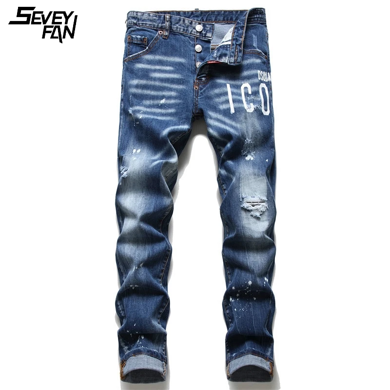 

Blue Hole Jeans Brand Fashion Skinny Denim Pants Men Printed Destroy Distressed Ripped Hip Hop Jean Trousers Slim Fit Streetwear