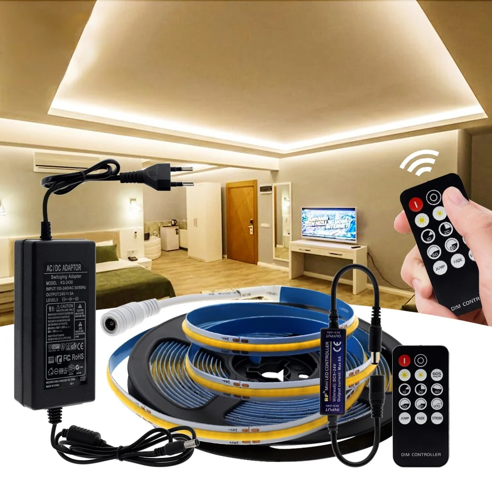 

Dimmable LED Lights 24V COB Strip Light for Decoration Lighting 320 LEDs Flexible LED Tape 5M+RF Remote Control Warm Cold White