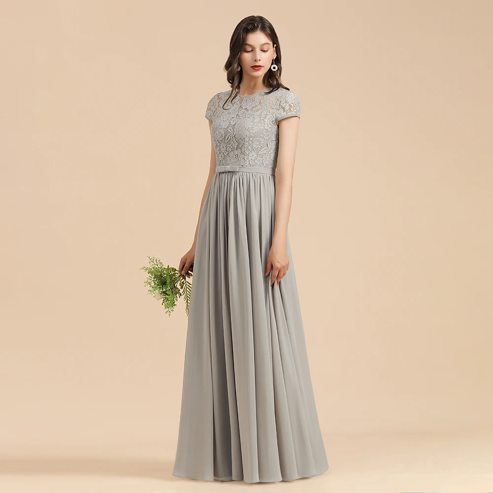 MisShow Custom Silver Grey Bridesmaid Dresses Modest Long Chiffon Multi-Layer Wedding Party Evening Gowns Lace Robe De Soiree images - 6