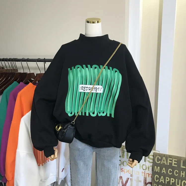 

Winter Women's Large Size Fleeced Sweatshirt Half High Collar Long Sleeve Graphic Flocking Thick Casual Pullover Coats