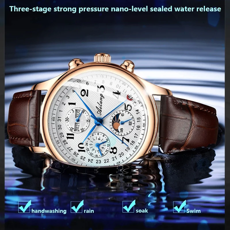 AILANG New Business Men's Three Eyes Multifunctional Mechanical Watches Wear Resistant Leather Strap Waterproof Luminous 6023 enlarge