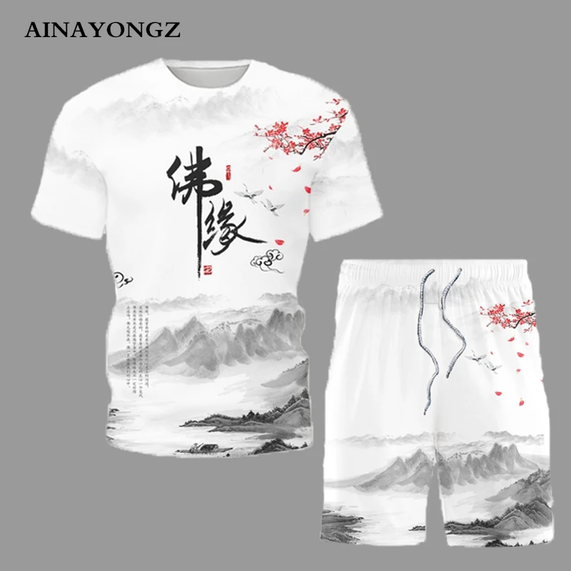 Chinese Character Culture Print T-Shirt Shorts Suit Summer Retro Men Clothing Short Sleeve Set 2022 Trend Male Casual Attire
