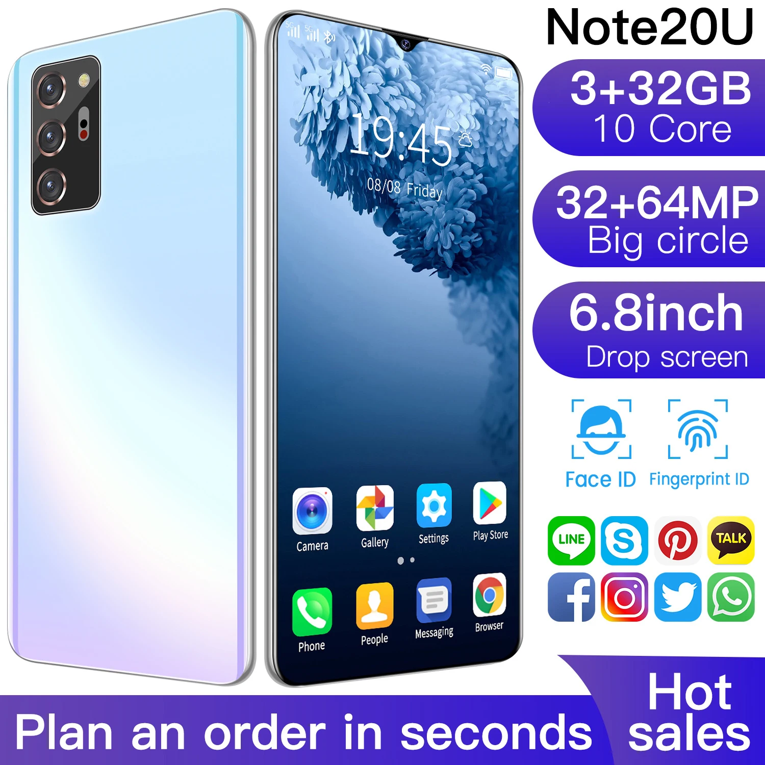 

Global Version Smartphone Note20U 6.8 Inch Screen 3GB RAM 32GB ROM Android10 Unlocked Dual Sim Mobilephones Cellphone Celular
