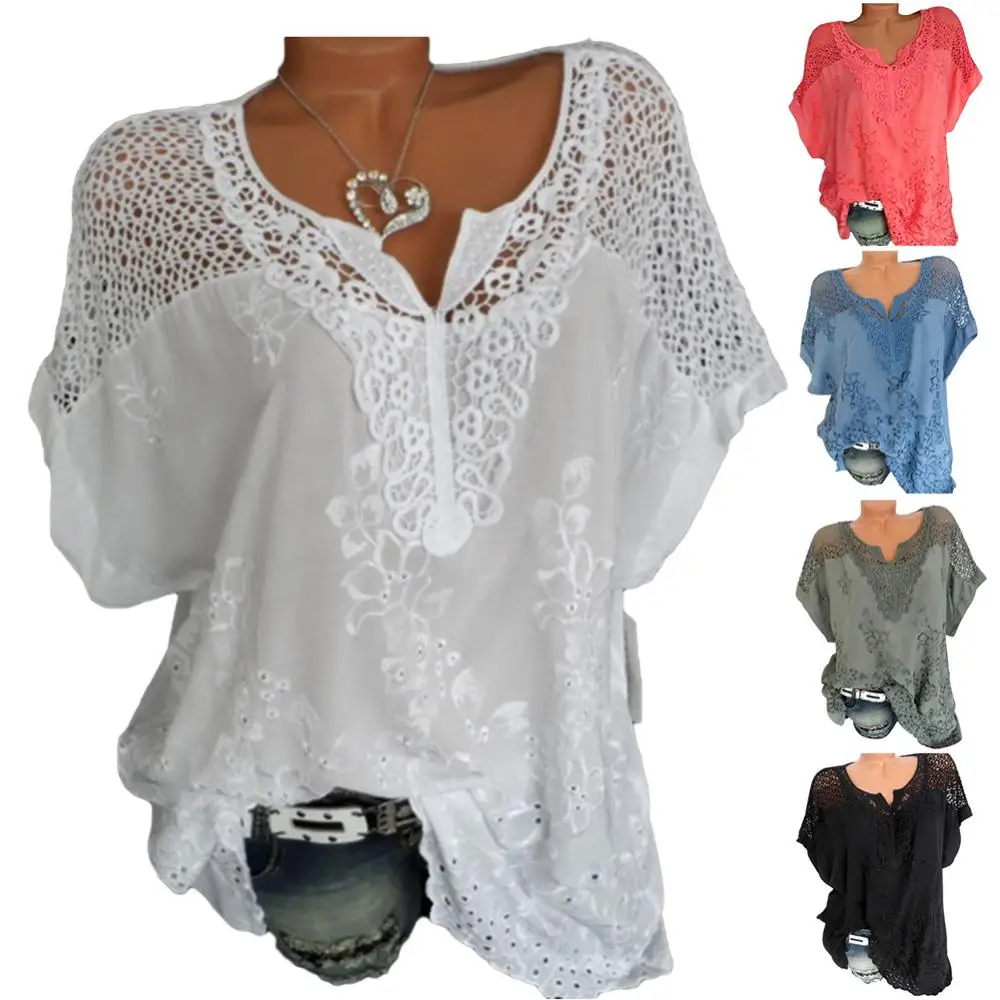 

80% Hot Sale 2021 New Women V Neck Short Batwing Sleeve Blouse Floral Embroidery Hollow out T-shirt Daily Shirt Base Tees Tops