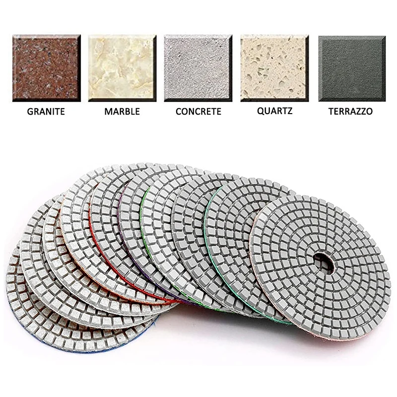 

15Pcs 4 Inch Wet Diamond Polishing Pads Set 50 to 3000 Grit Hook Loop Backing Sanding Discs for Granite Concrete Marble