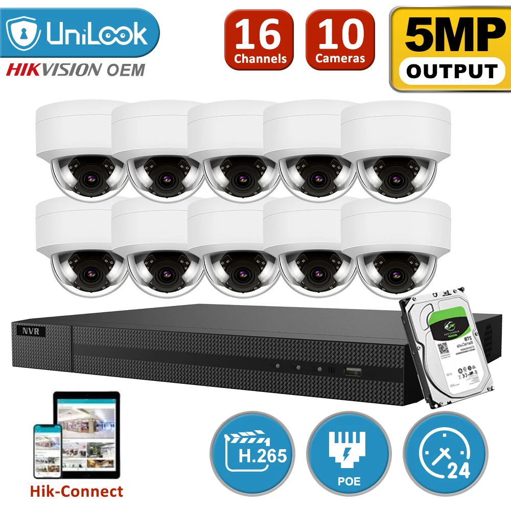 

UniLook 16CH NVR 10Pcs 5MP POE IP Cameras NVR kit Outdoor Security system 2.8mm Lens Audio Motion Detection IR H.265 P2P
