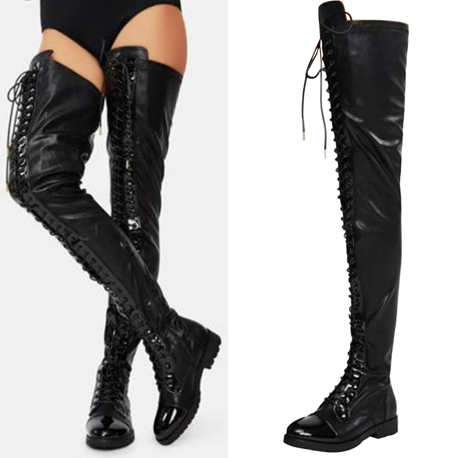 

Female Thick Heel High Heels Thigh High Boots Fashion Black Platform Long Tube Booties Women Gothic Lace Up Shoes Woman