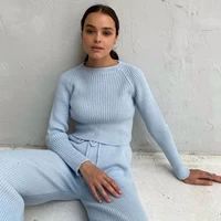 all match casual womens 2020 autumn and winter solid color wide leg pants long sleeved warm sweater suit