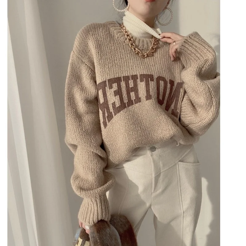 

Пуловер с круглым вырезом, утепленный свитер с буквенным принтом, женский свитер на осень и зиму, новинка 2021, корейский прямой вязаный Топ