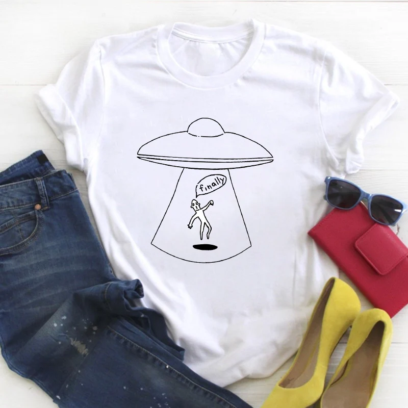 

Women UFO Alien Cartoon Space Star Clothing Print Ladies Summer T Tee Female Top Shirt Clothes Tshirt Womens Graphic T-shirt