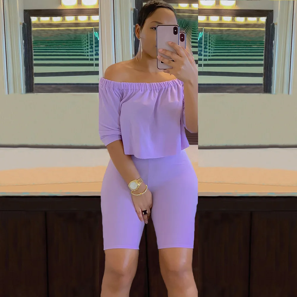 

Women Solid Fitness Two Piece Set Casual Slash Neck Crop Top T-Shirt Knee Length Pants Suits Co-ord Sets Summer Sporty Tracksuit