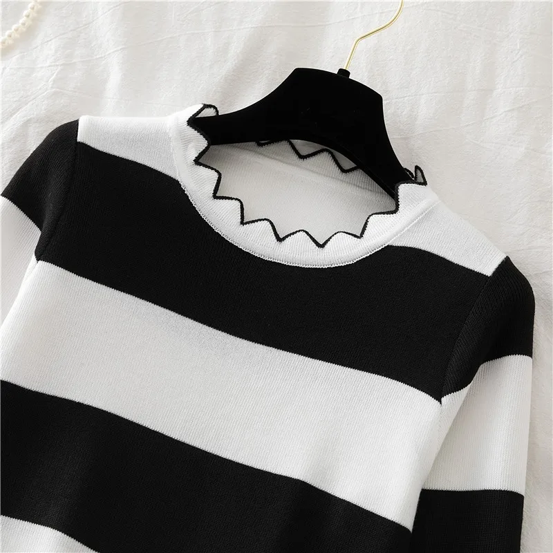 

New Womens Sweaters Luxury Ruffled Collar Computer Knitted Stripe Woman Sweaters Autumn Winter Slim Fit Thin Lady Sweaters