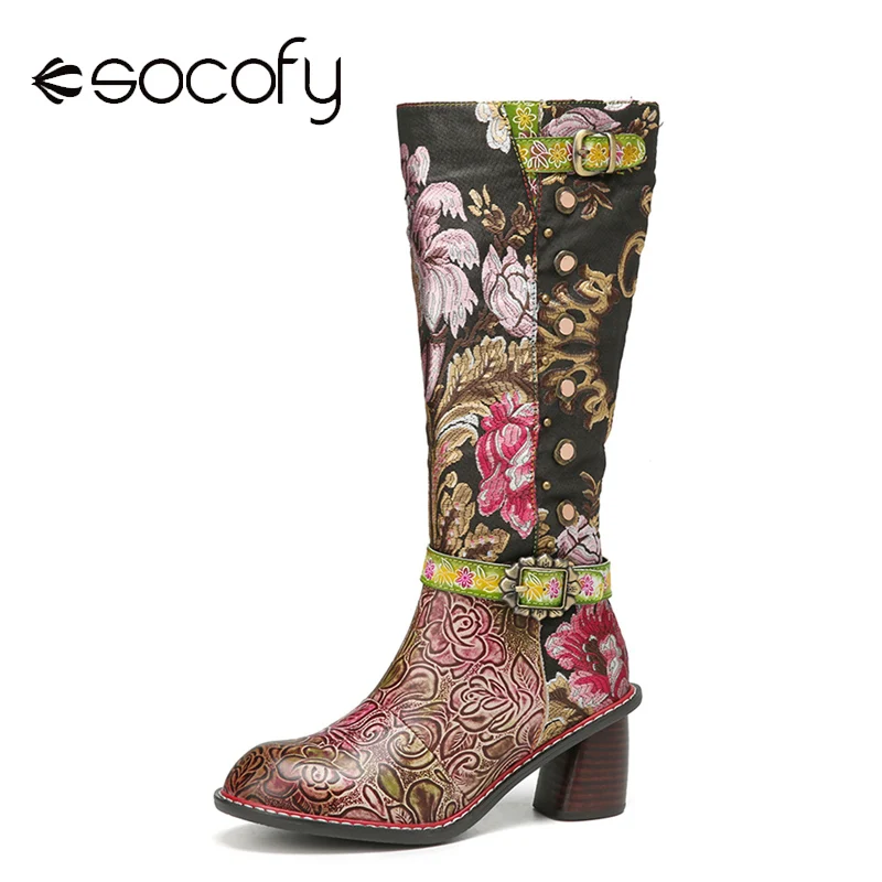 

SOCOFY Shoes Elegant Graceful Flowers Cloth Splicning Print Leather Comfy Warm Chunky Heel Mid-calf Boot Winter Boots Women 2020
