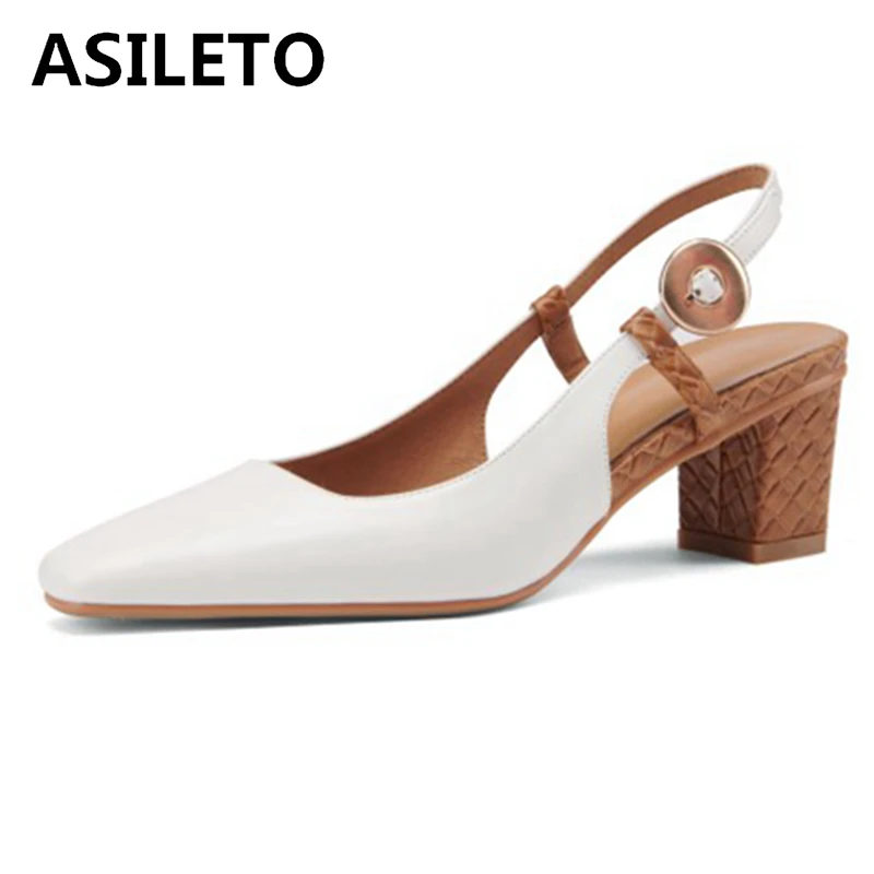 

Лето 2021, лаконичные сандалии ASILETO с ремешком на щиколотке и острым носком, ремешки из натуральной кожи, 5,3 см, квадратный высокий каблук, боль...