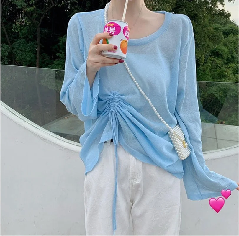 

Women O-Neck Long Sleeve Loose T-Shirts Summer Thin Cover-Up Knitted Tops Indoor Warm Thin Tees All-Match Casual Cute Clothing