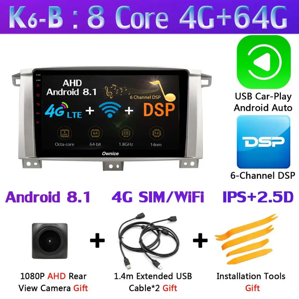K6-B-CarPlay 360 ° 4* AHD камера Android 9,0 8 ядерный 4G+ 64G gps радио CarPlay SPDIF DSP Автомобильный плеер для Toyota Land cruiser 100 GX VXR LC100 - Цвет: K6-B-CarPlay