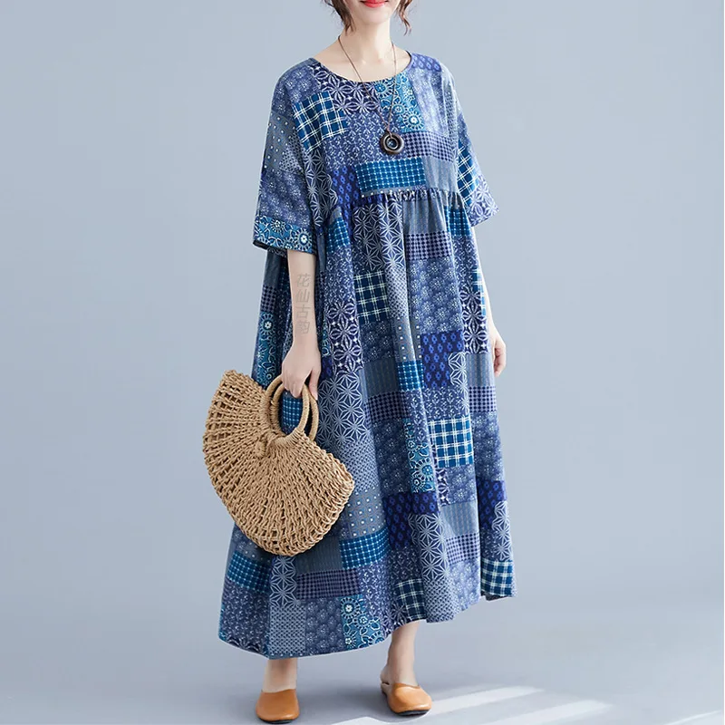 

Женское длинное платье с круглым вырезом с коротким рукавом свободное этнический принт; Платье Повседневная одежда размера плюс с большим ...