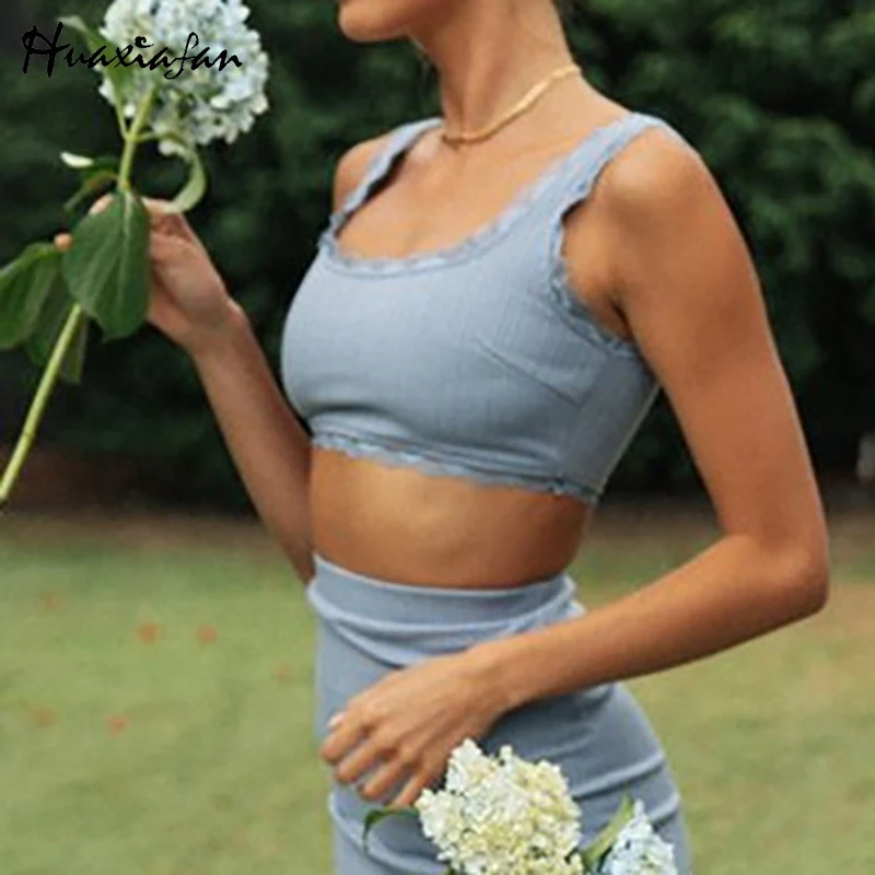 

Huaxiafan Casual Lace Patchwork Sets Suits Women Summer Elegant Ladies Tank Tops and Skirt 2PCS Suits Sets Female 2021 Clothing