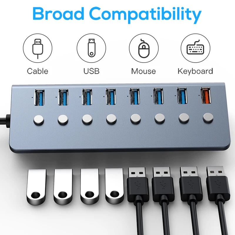 

Schitec 8 Ports Powered USB 3.0 HUB USB Extension with On/Off Switches 15W Adapter Support Splitter Computer Accessories