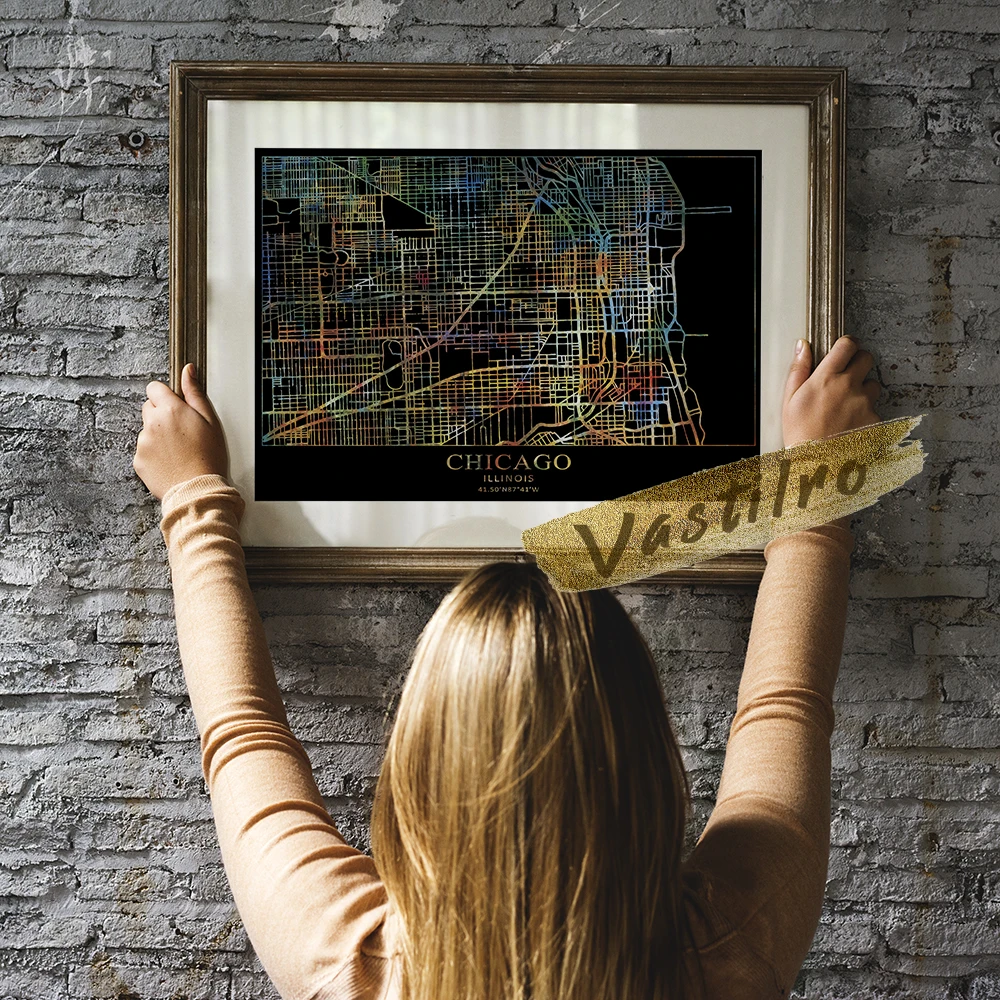 

World Map Poster, America City Map Wall Picture, Chicago Geography Location Art Prints, Black Background Colour Line Home Decor