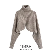 traf za women fashion crossover knit arm warmers sweater vintage high neck long sleeve female pullovers chic tops