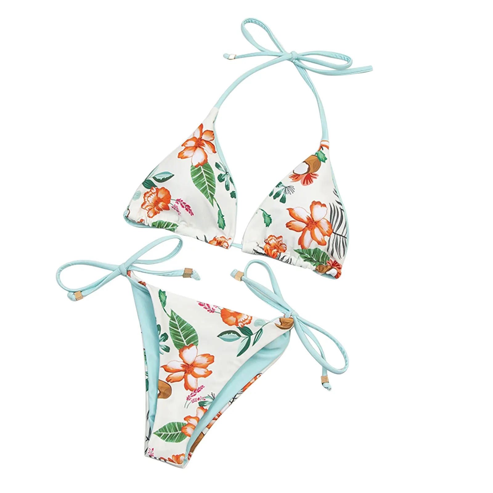 

Foohoostore Women's Printed 2Pcs Bikini Suit V-neck Split Style Halter Tops with Side Tie Triangle Bottoms Beachwear Swimming