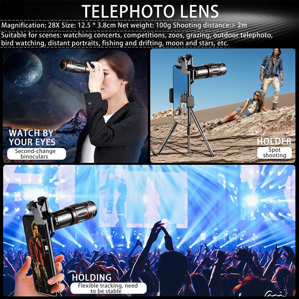 for mobile phone lens kit 28x hd telescope zoom macro lens for iphone samsung smartphone camera fisheye lente para celular free global shipping