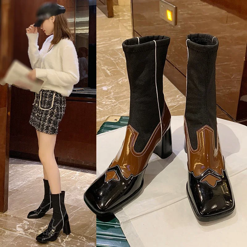 

Women's High-heeled Boots with Carved Patterns, Color-mixed Spliced Fashion Sock Boots, Elastic Mid-calf Boots (Patent Leather)