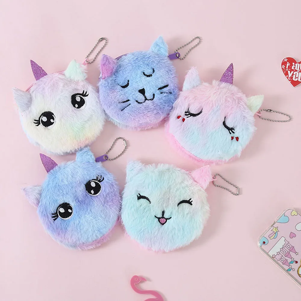 

Cartoon Plush Unicorn Coin Purse Cute Cat Fur Circle Wallet Girl Clutch Embroidered Bag Key Earphone Organizer Pouch Kids Gift