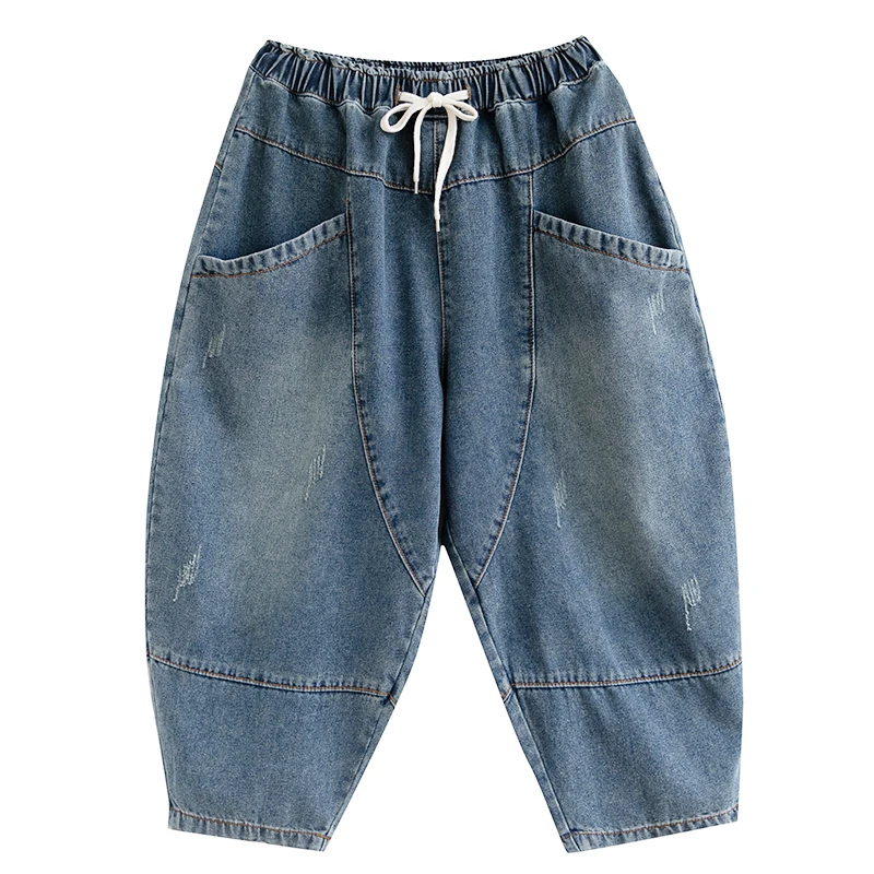 

Summer Artistic Retro Scratch White Jeans for Plump Girls Loose Slimming Elastic Waistband Lace-up Capri Harem Pants Women