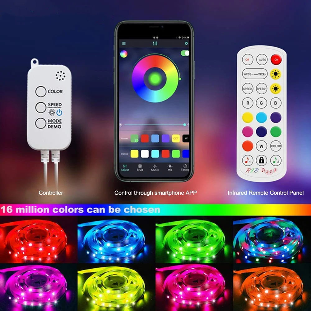 

LED Strip Lights 65.6FT/20M LED RGB Light Strip Music Sync 5050 Color Changing BT Controller /24-Key Remote for Home Party