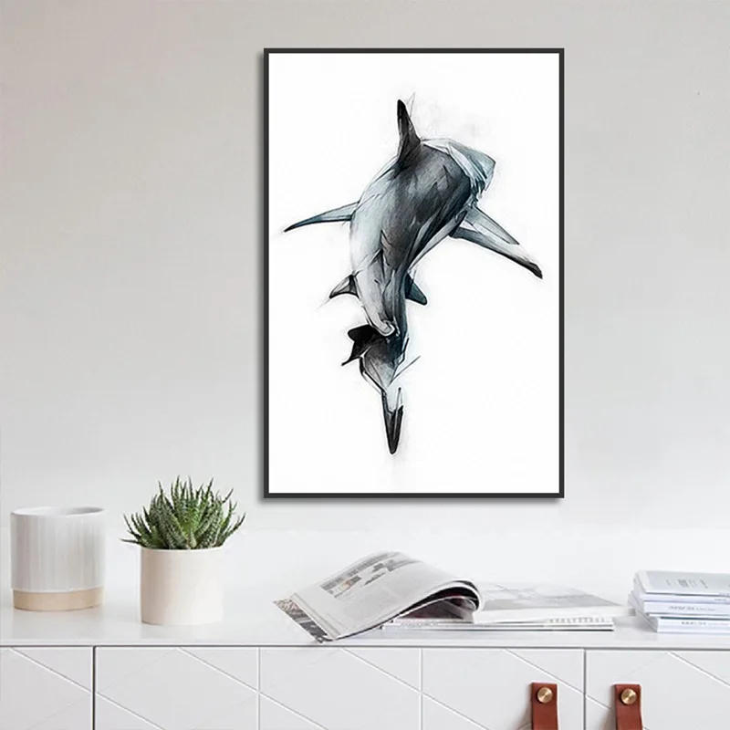 

Modern Wall Art Minimalist Decorative Oil Painting Black Shark On Canva For Bedroom Living Room House Decor Poster