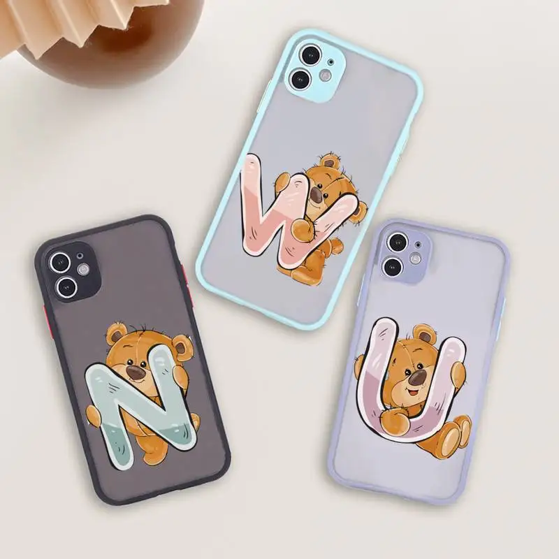 

Luxury bear letters Phone Case For iPhone 12 11 Mini Pro XR XS Max 7 8 Plus X Matte transparent blue Back Cover