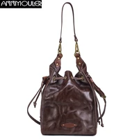 annmouler vintage women shoulder bags 100 genuine leather crossbody bag luxury real leather bucket bag brown tote purses