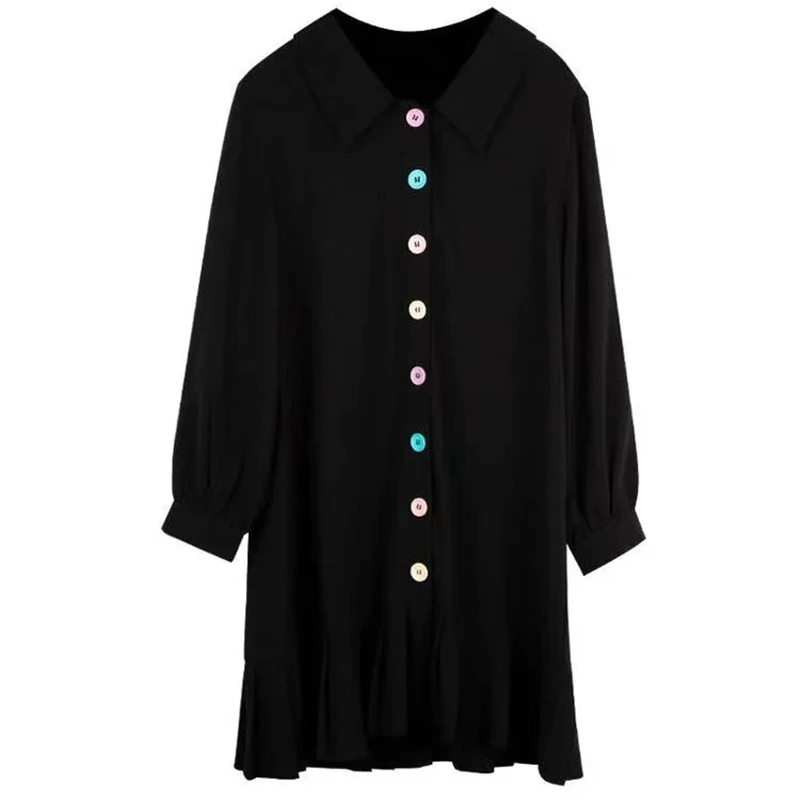 School Dresses For Girls Summer Fashion Plus Size Slim College Style V-neck Short Sleeve Black Dress Color Buttons Pleated Dress