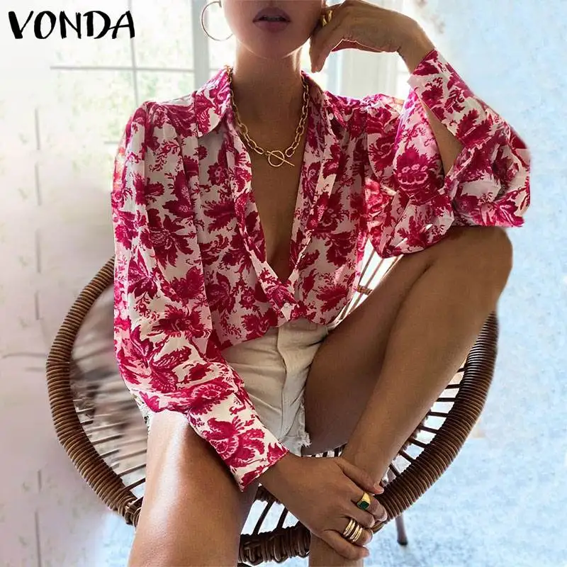 

Рубашка VONDA женская с отложным воротником, Повседневная Блузка с длинным рукавом, на пуговицах, с винтажным цветочным принтом, осень