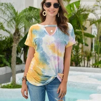 tie dye tops women o neck hollow out short sleeve t shirt casual loose streetwear summer fashion plus size ladies tees