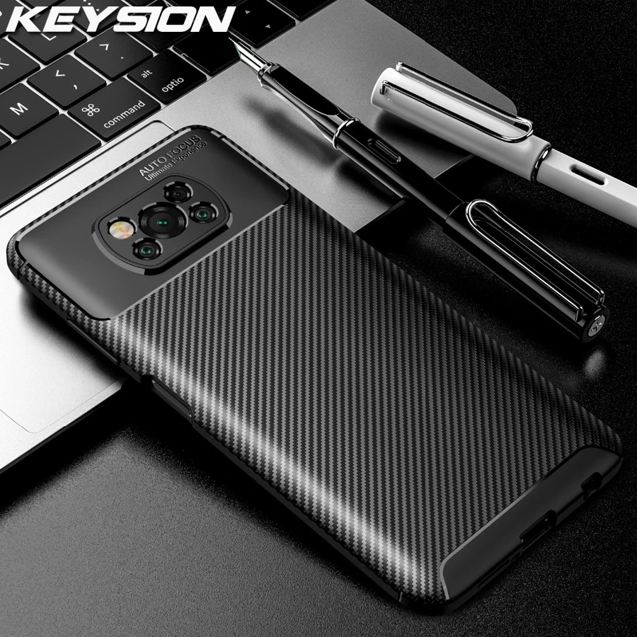 

KEYSION Phone Case for Xiaomi Poco X3 NFC POCO C3 Carbon Fiber Texture Shockproof Silicone Back Cover for POCO X2 M2 Pro F2 Pro