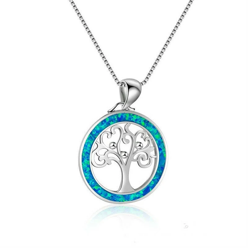 

Elegant Jewelry Silver Blue Tree Simulated Opal Pendant Chain Necklace