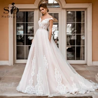 sodigne luxury modern lace wedding dresses v neck cap sleeves belt pink wedding gowns princess illusion button back bridal dress