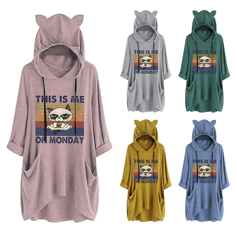 Winter cute cartoon women's sweater Long-sleeved hooded sweater with cat ear pocket top THIS IS ME ON MONDAY