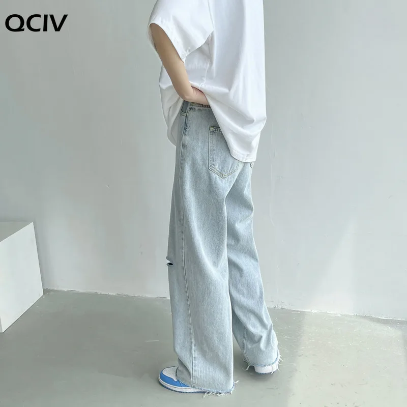 Summer Wide-leg Jeans Men Fashion Light Blue Casual Ripped Jeans Men Streetwear Loose Hip-hop Hole Straight Denim Trousers Men