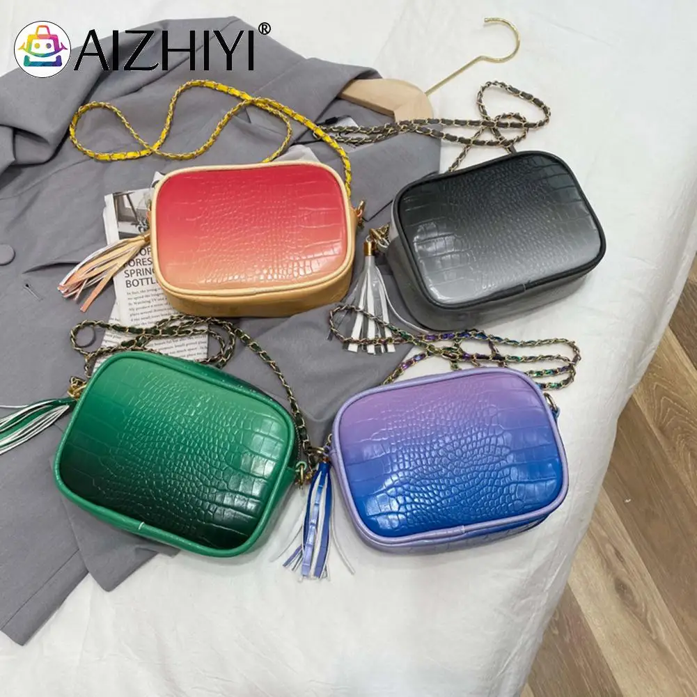 

Fashion Portable Mini Square PU Leather Gradient Tassel Crossbody Chain Handbag for Women Shoulder Female Messenger Bags