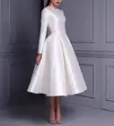 Женское винтажное короткое Свадебные платья из тафты трапециевидной формы с круглым вырезом и карманами, белое свадебное платье на молнии сзади, реальные фотографии