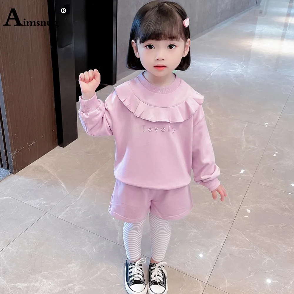 

Children Two Pieces Set Long Sleeve Ruffle Top and Patchwrork Stripes Trouser Girls Letter Print 2PCS Outfits Kids Clothing 2021