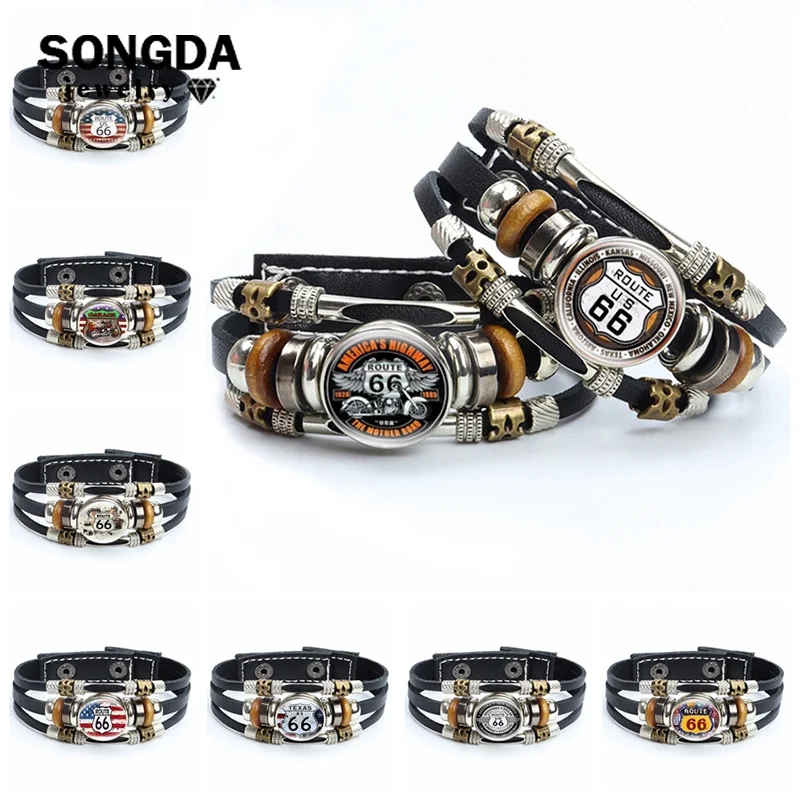 

Old-fashion Signs US Route 66 Bracelet Classic Retro Glass Dome Snap Button Punk Multilayer Leather Bracelets Men Women Gift New