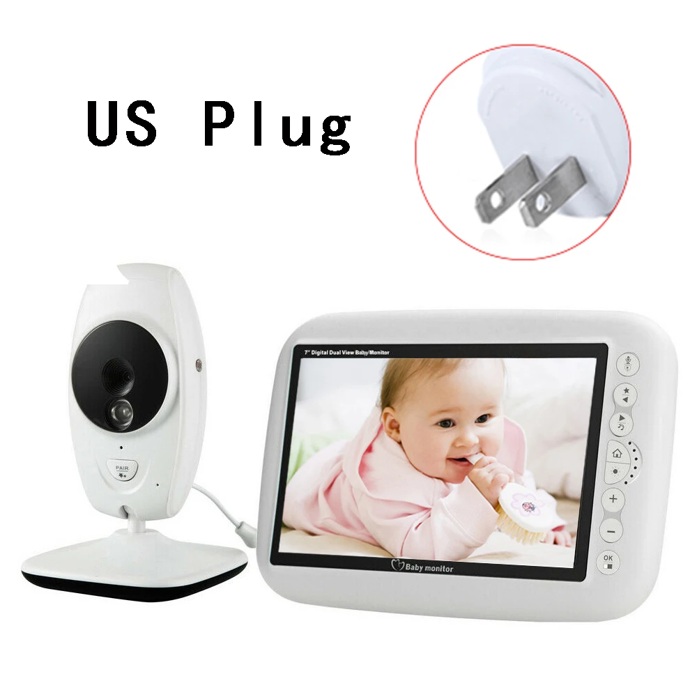 US Plug 7 дюймов Видеоняни и радионяни 720P HD Камера большой ЖК-дисплей Экран Беспроводной няня видео работающий на линии внутренней связи инфракрасный Ночное видение Температура мониторинга 4 Колыбельная - Цвет: US Plug