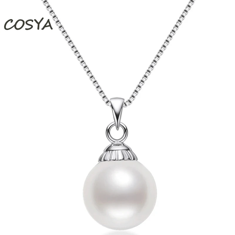 

COSYA Реальный 925 стерлингового серебра белый круглый 9-10 мм натуральный пресноводный жемчуг подвеска для женщин ожерелье светильник класса л...